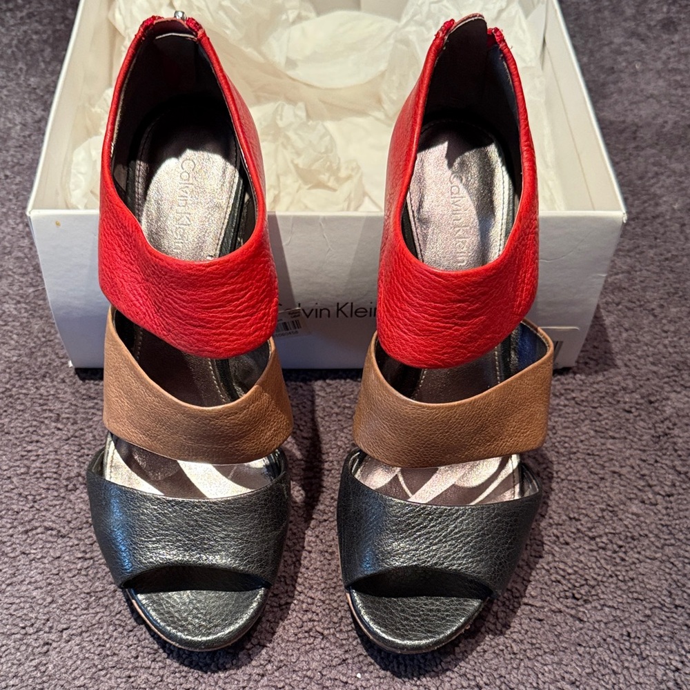 Calvin Klein Red, Brown, and Black Strappy Heels